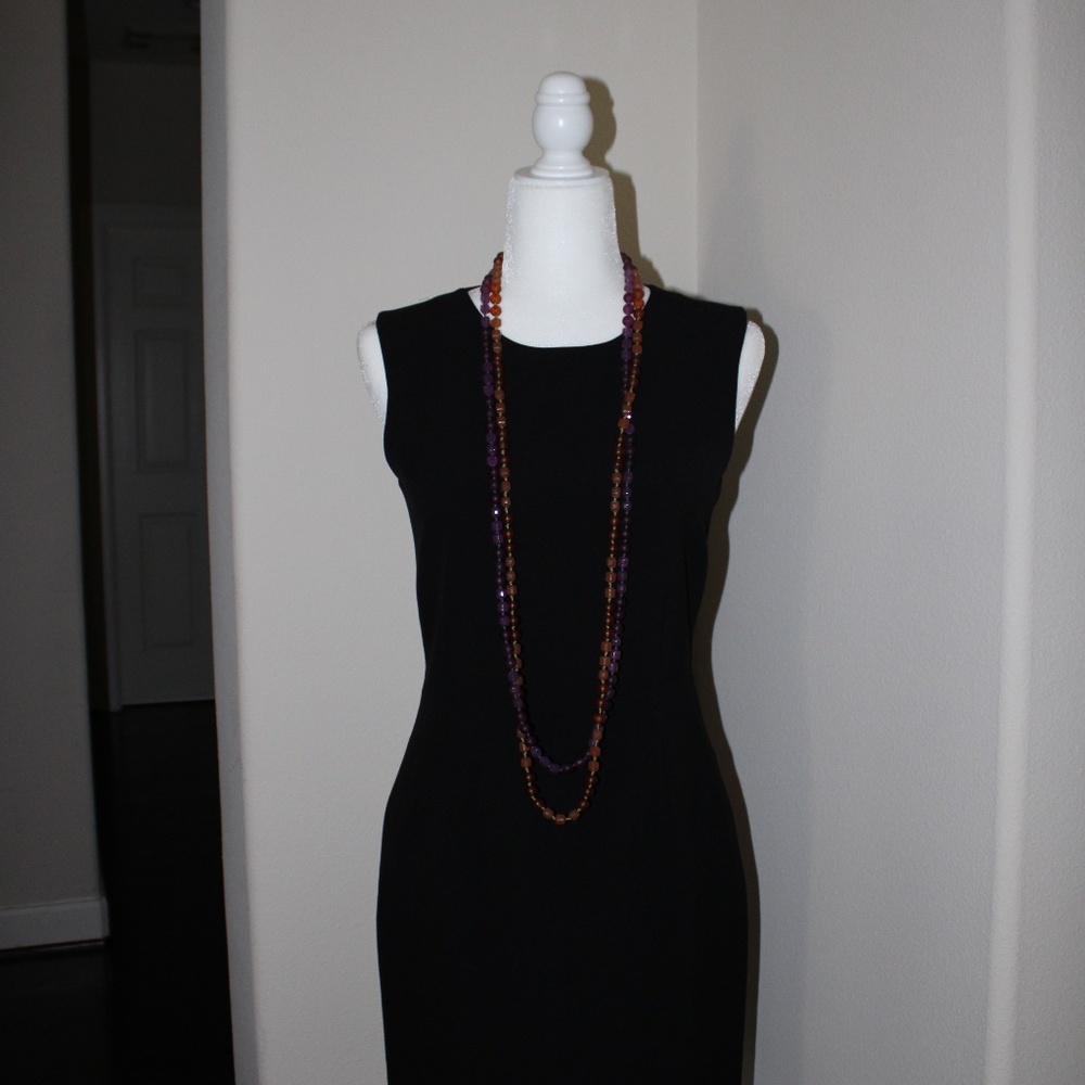 T Tahari Black Sleeveless Midi Sheath Dress with Long Beaded Necklace